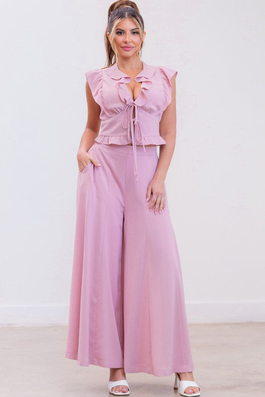 Ruffle Sleeve Blouse and Pants Set