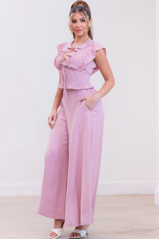 Ruffle Sleeve Blouse and Pants Set