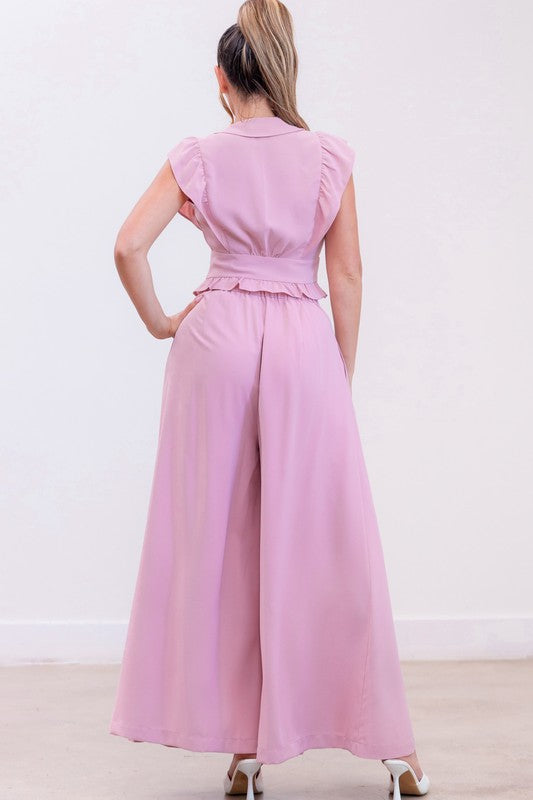 Ruffle Sleeve Blouse and Pants Set